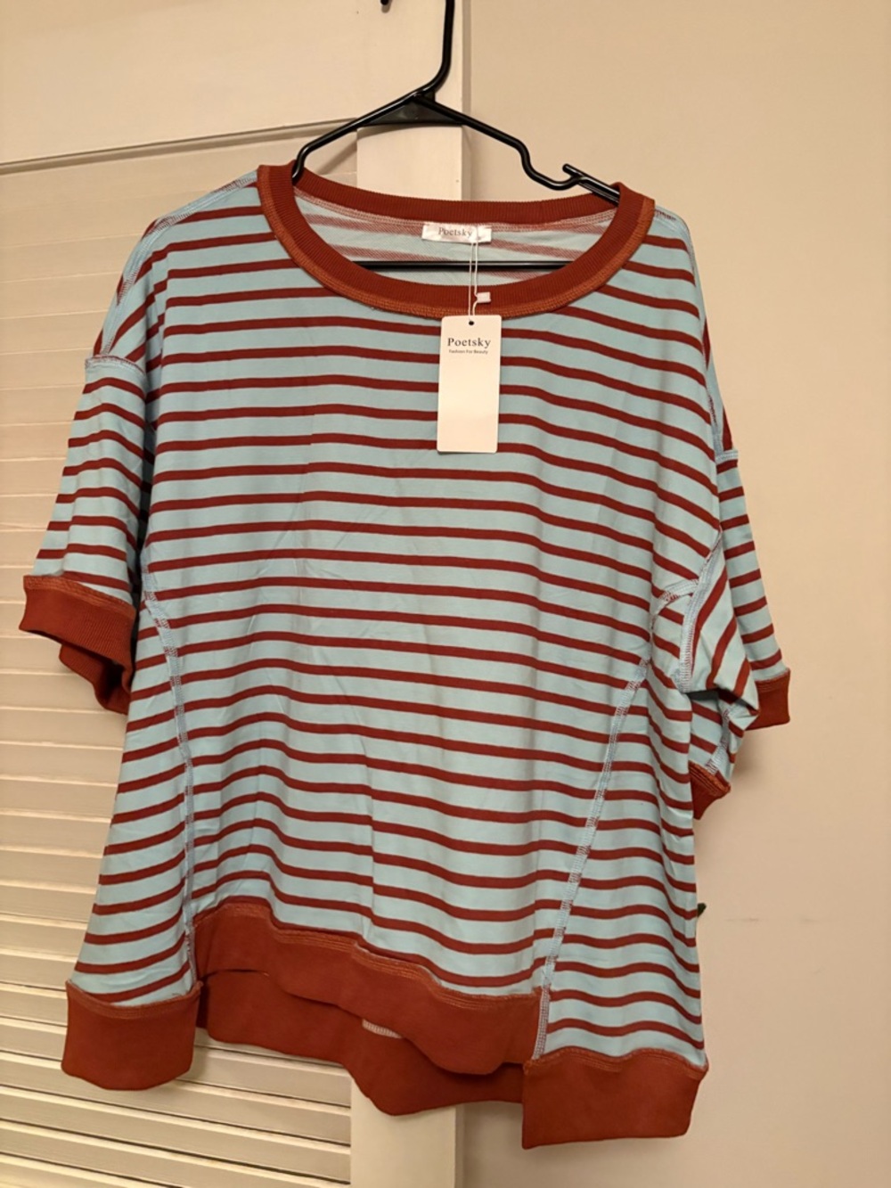 Women's Short Sleeve Striped Tee in Light Blue & Rust